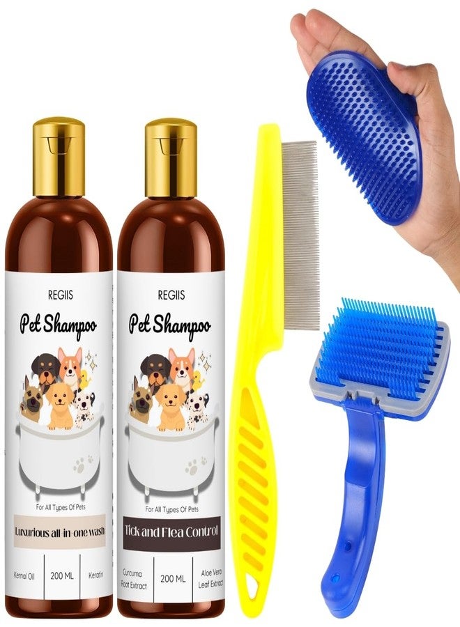 REGIIS Pet Shampoo Set with Grooming Tools, Dog Shampoo for All Types of Pets, Tick and Flea Control, 200 ML, Includes Brushes and Comb(5 Pack) - Image 1